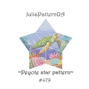 Könnte beinhalten: Ein sternförmiges Muster mit einer Meeresschildkröte, die über einem Korallenriff schwimmt. Die Farben sind Grün, Blau, Gelb und Rosa. Der Text lautet "JuliaPatternUA" und "~Peyote star pattern~ #479".