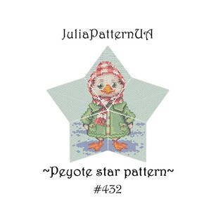 May include: A digital pattern featuring a pixelated duck wearing a green coat, red and white striped hat, and scarf, set within a star shape. Text includes "JuliaPatternUA", "~Peyote star pattern~", and "#432".