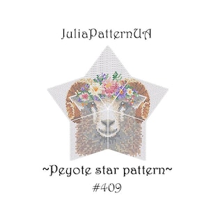 May include: A peyote star pattern beading project featuring a sheep with a floral crown. The pattern is labeled "#409" and "~Peyote star pattern~"