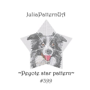 Puede incluir: La cara de un perro border collie blanco y negro está bordada en forma de estrella usando punto de peyote. La imagen está etiquetada como "~Peyote star pattern~ #399" y "JuliaPatternUA".
