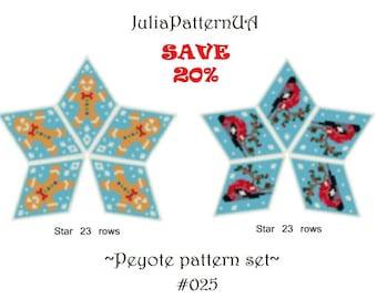 SET Bullfinch bird Gingerbread man 3D peyote star pattern Peyote beading patterns Beaded star patterns Christmas ornament Seed bead patterns
