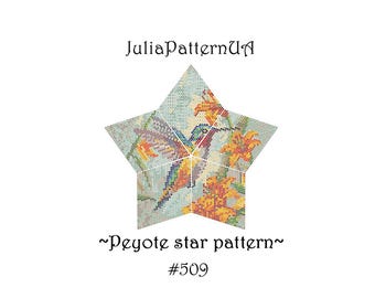 Hummingbird 3D Peyote star pattern PDF Colibri and lily flower Beaded star pattern Warped square seed bead patterns Peyote stitch puffy star