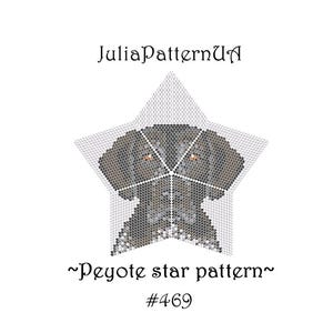 May include: A star-shaped pattern featuring a dog's face, created with small, pixelated details in shades of brown and gray. The text "JuliaPatternUA" is at the top, with "~Peyote star pattern~ #469" at the bottom.