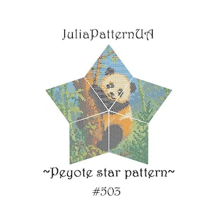 May include: A star-shaped peyote star pattern featuring a panda climbing a bamboo stalk. The design is composed of small colored beads in shades of green, black, white, and blue. Text reads JuliaPatternUA, ~Peyote star pattern~, and #503.