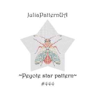 May include: A star-shaped pattern featuring a detailed insect design in shades of red, blue, and beige. The text "JuliaPatternUA" is at the top, with "~Peyote star pattern~ #444" at the bottom. This is a digital craft pattern.