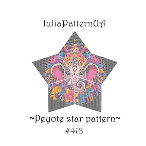 Op de afbeelding: Een kleurrijk peyote-sterpatroon met een olifant met bloemmotieven. Het patroon is gelabeld "~Peyote star pattern~ #418".