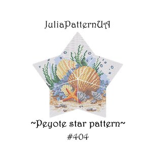May include: A peyote star pattern with a seashell and starfish design. The pattern is in shades of blue, green, white, orange, and brown. The text "~Peyote star pattern~ #404" is at the bottom of the image.