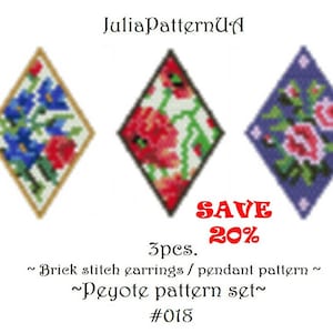 SET Flower earrings Brick stitch earring pattern Peyote beading patterns Peyote pendant pattern Miyuki delica beads 11 Seed bead patterns