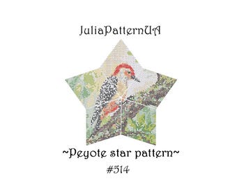 Red bellied woodpecker 3D Peyote star pattern PDF Forest bird Beaded star pattern Warped square seed bead patterns Peyote stitch puffy star
