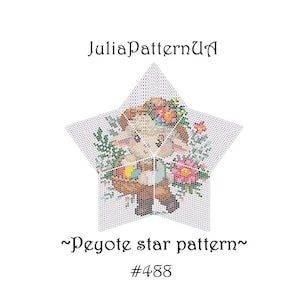 May include: A star-shaped cross-stitch pattern featuring a cartoon deer holding a basket of eggs and wearing a floral crown. The text "JuliaPatternUA" and "~Peyote star pattern~ #488" are displayed on a white background.