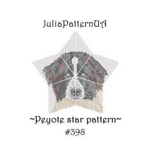 May include: A peyote star pattern beading project featuring a dog's face. The dog has black and brown fur with a white muzzle. The pattern is labelled "Peyote star pattern #398".