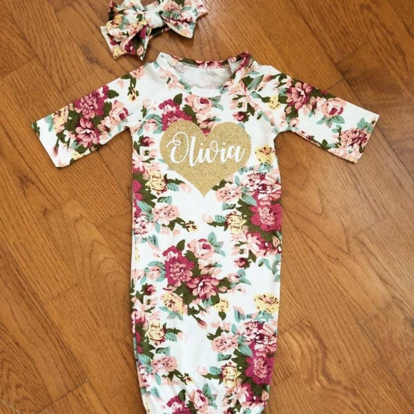 COMING HOME OUTFIT Girl Personalized Outfit Baby Girl Newborn Outfit Girl Floral Gown Baby Girl Baby Shower Gift Girl Take Home Outfit Girl