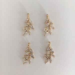 1 Pair CZ Paved Gold Plated Leaves 15mm Pendants. CZ Leaves Charm.