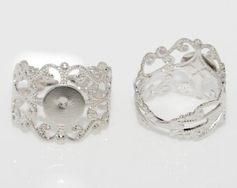 2pcs. Brass Rhodium Plated Filigree Adjustable Ring with Cabochon Base 8mm. DIY Rings. DIY Custom Jewerly.