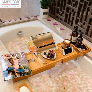 Luxury Bamboo Bathtub Caddy Tray with Wine Glass Holder iPad Stand Phone Holder and Soap Dish Expandable Table Caddy Accessories Adjustable