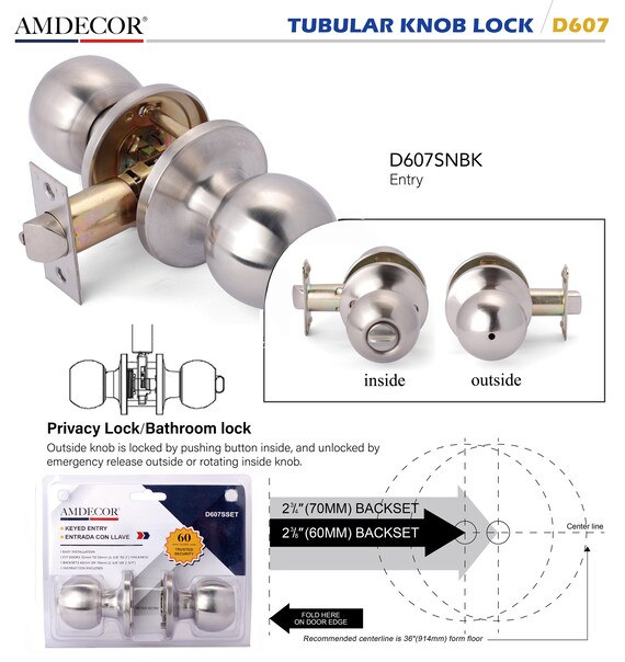 Amdecor D607 Tubular Door Knob Lock Entry Passage Bath Dummy Lockset Sn Orb