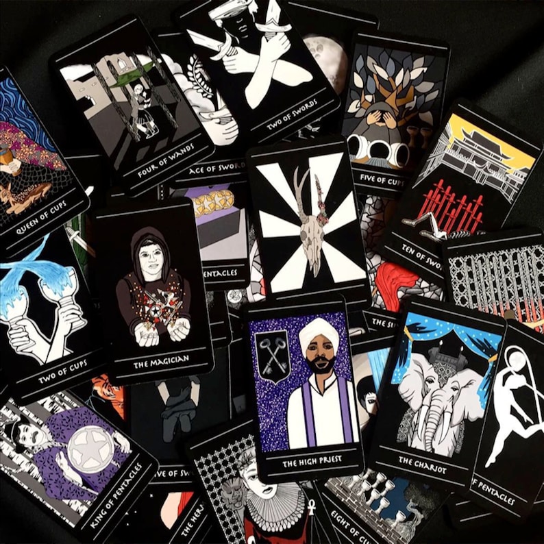 May include: A collection of tarot cards with black backgrounds and colorful illustrations. The cards feature various symbols, including swords, cups, wands, pentacles, and the High Priestess. The cards are arranged in a random order.