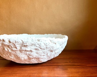 Bowl Paper Mâché Extra Large Vessel Accent Neutral White Rustic Texture Primitive Art Country Farmhouse Coastal Ancient Distressed Wabi Sabi