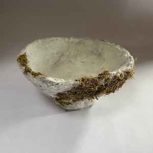 Bowl Paper Mâché Round Decorative Vessel with Moss Primitive Art Cottage Core Fairy Core Country Farmhouse Coastal Rustic Table Shelf Accent