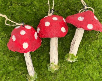 Christmas Tree Ornament Mushroom Paper Mache Three Styles Cottage Fairy Core Red White Spots Woodland Holiday Decor Forest Fungi Shroom Gift