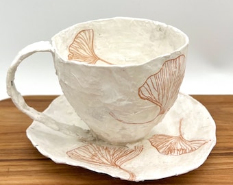 Coffee Cup Sculpture with Gingko Leaves Paper Mâché Wabi Sabi Primitive Art Distressed Neutral Decor Accent Andrew Lloyd Wright Trees Cafe