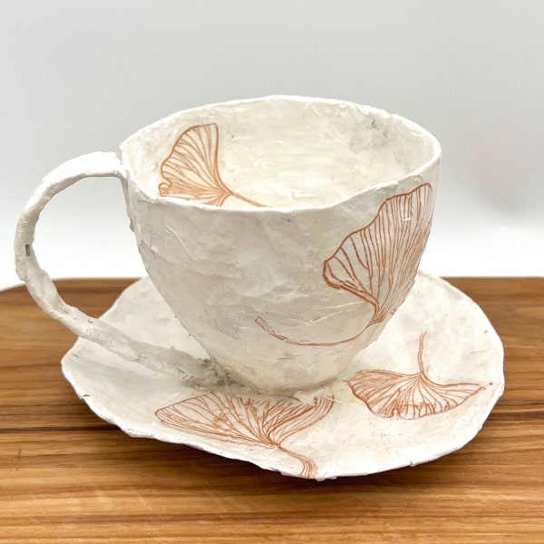 Coffee Cup Sculpture with Gingko Leaves Paper Mâché Wabi Sabi Primitive Art Distressed Neutral Decor Accent Andrew Lloyd Wright Trees Cafe