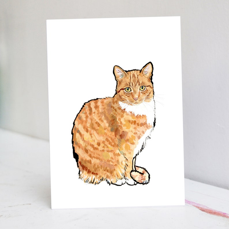 May include: A watercolor illustration of a ginger cat with white markings. The cat is sitting with its front paws tucked under its body and its tail curled around its legs. The cat has green eyes and a white patch on its chest.