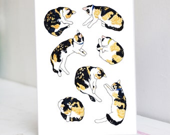 Calico Cat Nap Card | Sleeping Cat Illustration | Sleeping Cat Card | Cat Greetings Card | Calico Cat Card