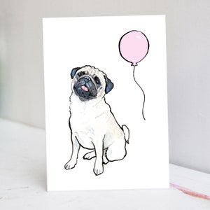 May include: A white pug dog with black eyes and a pink nose sits looking up with a pink balloon behind it.