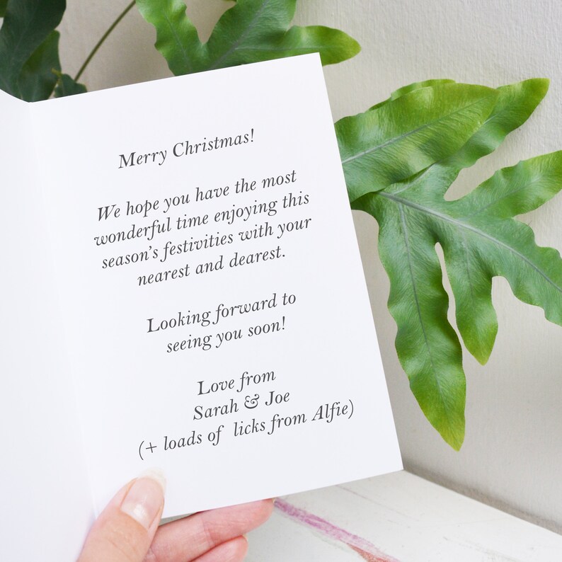 Peut inclure: Une carte blanche avec un message de No&euml;l. La carte dit "Joyeux No&euml;l ! Nous esp&eacute;rons que vous passerez un moment merveilleux &agrave; profiter des festivit&eacute;s de cette saison avec vos proches. Au plaisir de vous revoir bient&ocirc;t ! Affectueusement, Sarah & Joe (+ plein de l&eacute;chouilles d'Alfie)"