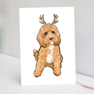 May include: A light brown dog with a red nose wearing reindeer antlers. The dog is sitting and looking at the camera.