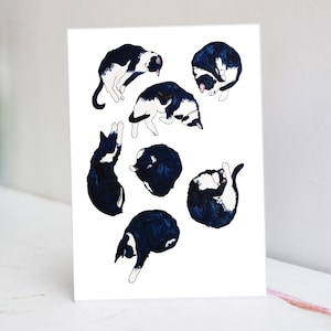 Carte de sieste de chat | Illustration de chat endormi | Chat endormi | de voeux chat | Carte Chat noir et blanc