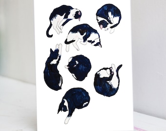 Cat Nap Card | Sleeping Cat Illustration | Sleeping Cat Card | Cat Greetings Card | Black and White Cat Card