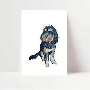 May include: A watercolour painting of a Cavapoo dog, with a black and tan coat and a fluffy appearance. The dog is sitting, with its tail to the left and its head facing forward. The background is plain white.