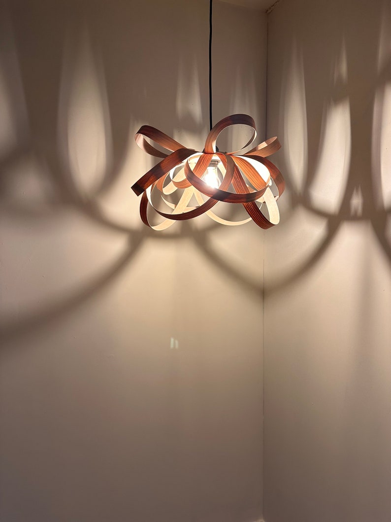 May include: A wooden pendant light fitting with a unique, interwoven design. The light fitting is hanging from a black cord and casts interesting shadows on the wall.