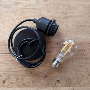 May include: Black electrical cord with a black ceiling fixture and a clear light bulb with a filament.