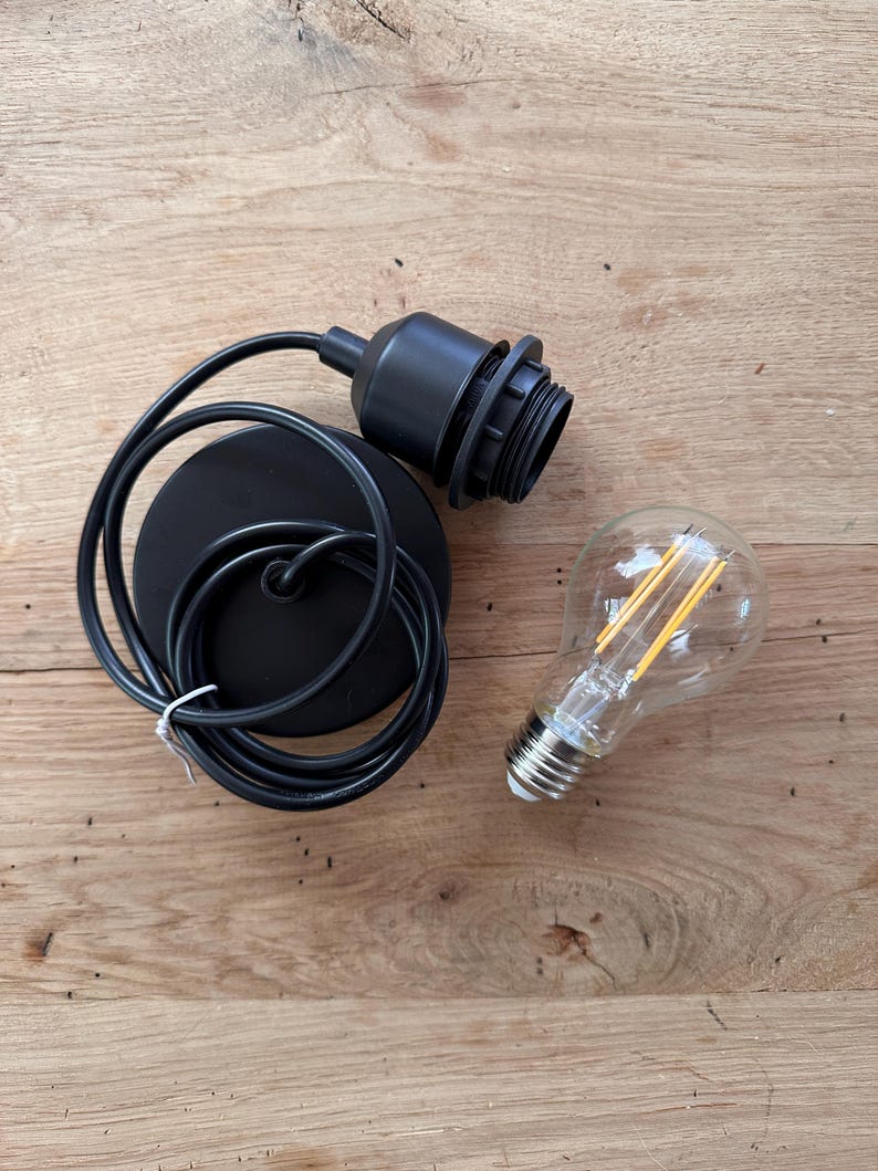 May include: Black electrical cord with a black ceiling fixture and a clear light bulb with a filament.