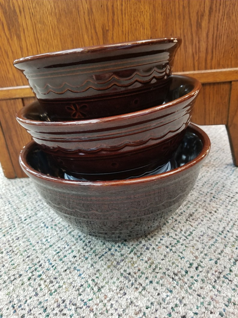 MarCrest Brown Stoneware Nesting Bowl Set Daisy Dot 3 Etsy