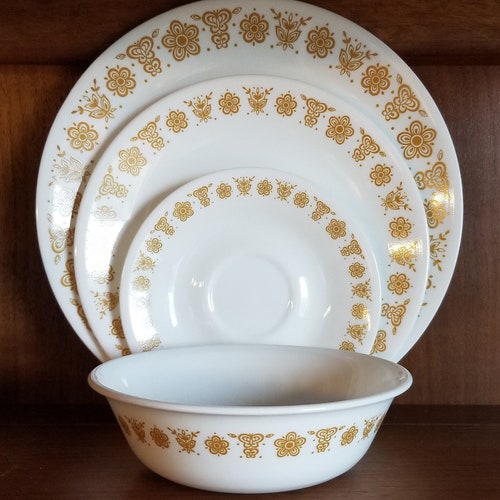 Corelle Butterfly Gold 16 piece Dinnerware - 16 piece set | 4 dinner plates, 4 Salad plates, 4 saucers, 4 