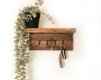 Personalized Custom Rustic Wooden Wall-mounted Key Holder Shelf Entryway Organizer With Small Display Shelf Handcrafted Wall decor