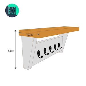 May include: White wooden wall mounted key rack with a shelf on top. The shelf is 10 inches wide and the rack is 14 inches tall. The rack has 6 black metal hooks.