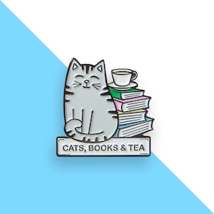 Des chats, des livres et du thé - Épingle en émail chat