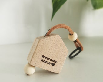 Engraved Beechwood House Keychain: Personalized Home Keyring
