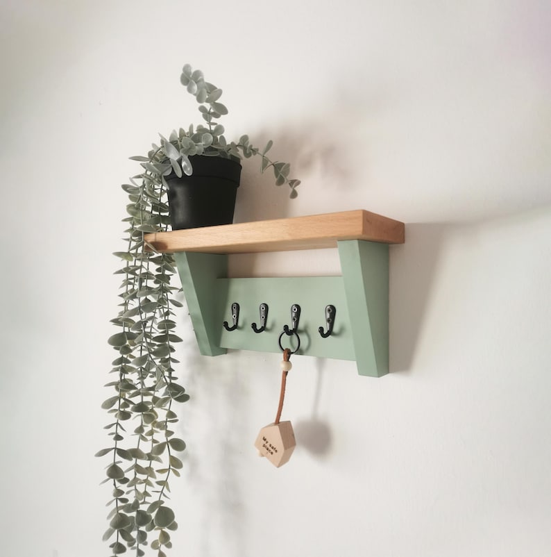 May include: A light green wooden shelf with four black hooks and a small wooden house-shaped keychain hanging from one of the hooks. A potted plant with green leaves hangs down from the shelf.