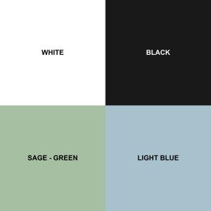 May include: A color chart with four squares. The top left square is white, the top right square is black, the bottom left square is sage green, and the bottom right square is light blue.