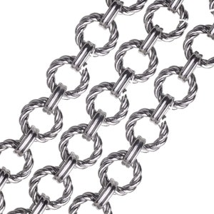 May include: A silver chain with a twisted rope design. The chain is made up of interlocking oval links.