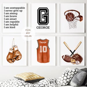Sports Wall Art Set of 6 Prints, Personalized Kids Bedroom Decor, Little Boys Sports Posters, Sports Nursery Art, Custom Monogram, DIGITAL