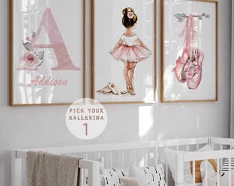 Set of 3 Ballerina Prints, Initial Letter Poster, Full Name Personalized  Wall Art, Ballerina Slippers, Ballet Themed Nursery Decor DIGITAL