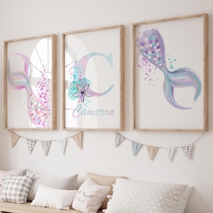 Conjunto personalizado de impresión de sirena de 3, decoración del baño del vivero de la sirena, nombre de la sirena, sirena de la acuarela, imprimible inicial, monograma personalizado