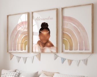 Set of 3 Boho Black Girl Prints, African American  Princess Rainbow Wall Art, DIGITAL